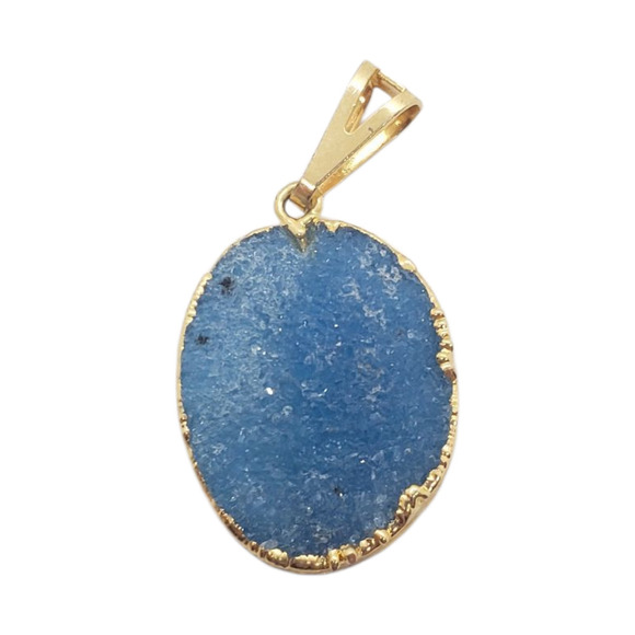 Blue Agate Druzy Slice Pendant Dipped in Real Gold Oval Natural Gemstone - Picture 4 of 9